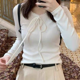 BM风 新款法式甜美花边领系带针织衫辣妹修身显瘦打底衫上衣女