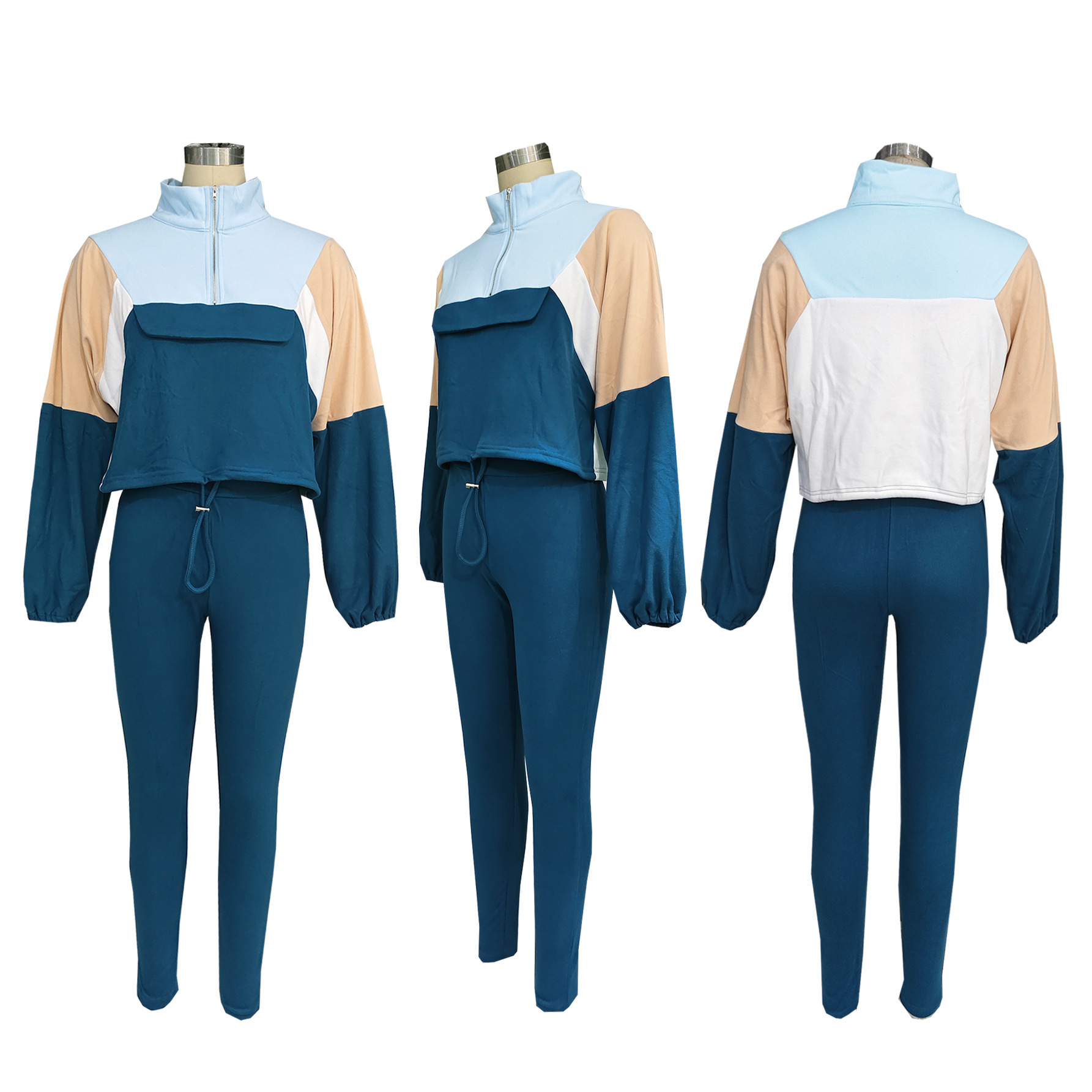 Women's Clothing Contrast Color Leggings Sports Two Piece Sweatshirt Zipper Color Matching Trousers Suit_voghion.com