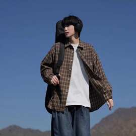 2026春秋格纹撞色上衣复古感格子衬衫男长袖休闲外套衬衣叠打底穿