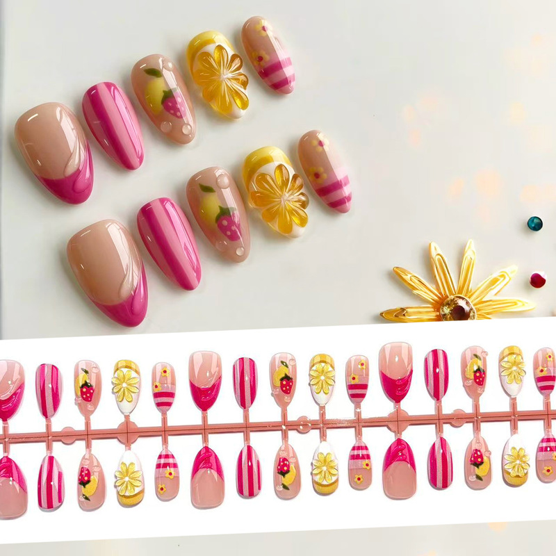 Foreign Trade 3D Fresh Style Strawberry Lemon Stripe Detachable French Press-On Nails, 30 Pieces