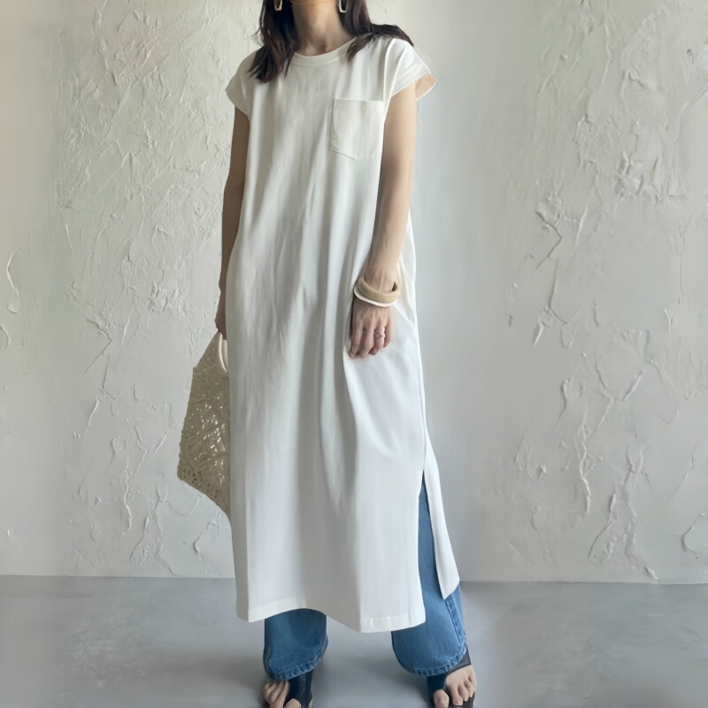 Cross-border Japanese Style New Summer Dress dress Women's Side Split Chest Pocket Mid-length Dress Sleeveless Knee Skirt 2 Color