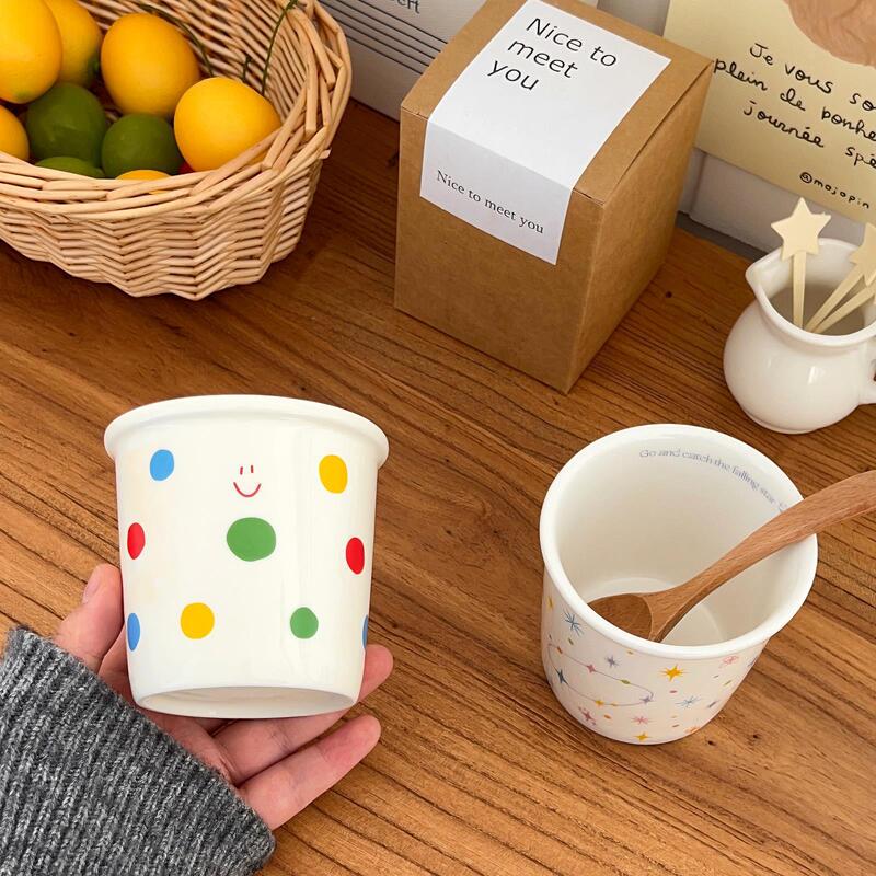 波点笑顔手握りカップかわいいins高颜値陶磁器コーヒーカップ朝食牛乳カップオフィス家庭カップ|undefined