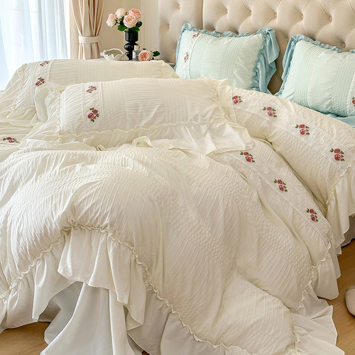 Four seasons seersucker washed cotton bed set four-piece princess style girly heart bedding sheets fitted sheet quilt cover universal for all seasons