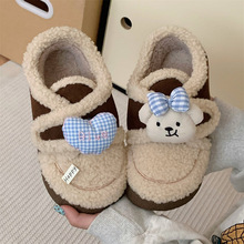 韩系ins少女心格子小熊蝴蝶结棉鞋女冬加绒保暖外穿魔术贴豆豆鞋