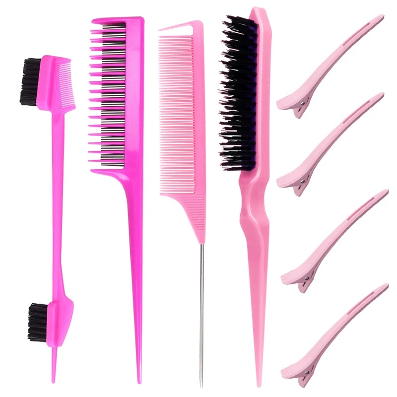 Hairdressing comb set, 8-piece pink, plastic styling combs and clips for sectioning