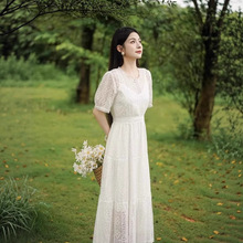 设计师原创女装法式网纱蕾丝边刺绣提花仙女裙度假风穿搭连衣裙