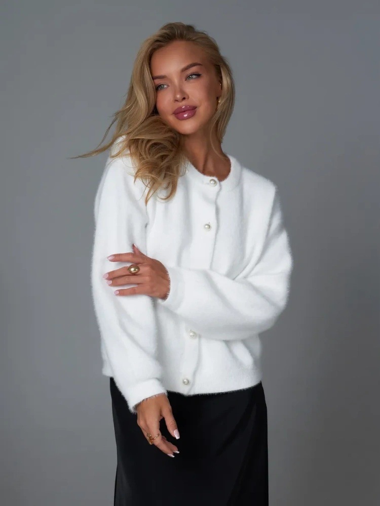 Cardigan aus Kunstnerzstrick – Weicher, übergroßer Strickmantel mit Knopfleiste (Einheitsgröße, Rundhalsausschnitt, lange Ärmel, dick und kuschelig, Weiß, perfekt zum Layern)_voghion.com