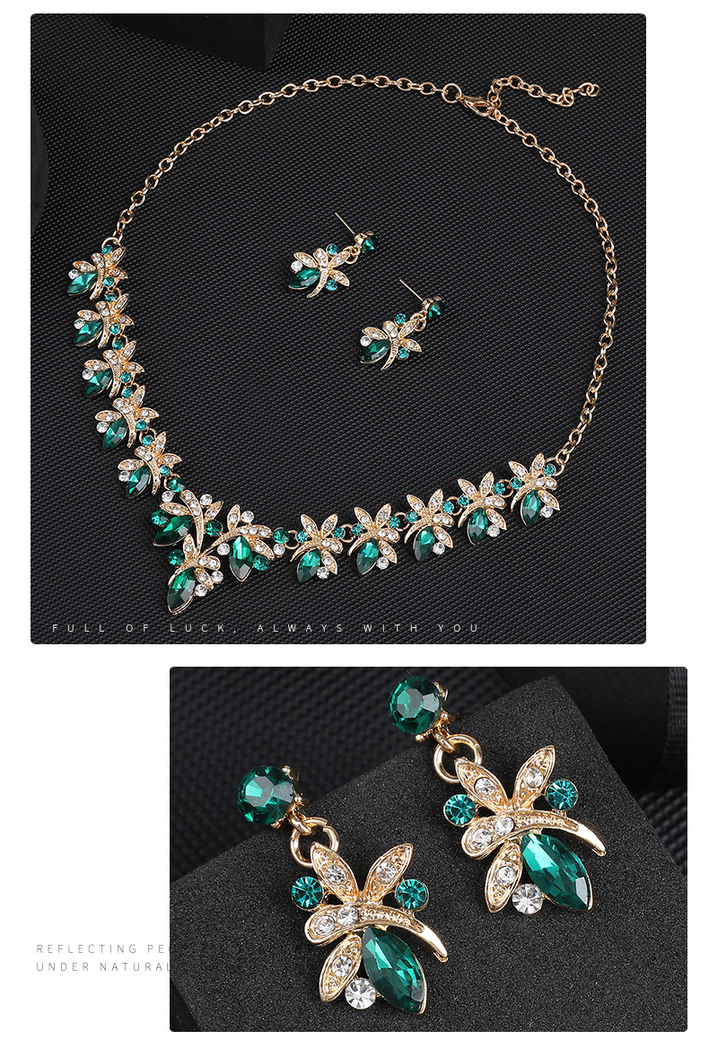 Set di orecchini e collana in lega di cristallo di vetro intarsiato con libellula, abito da sposa e accessori_voghion.com