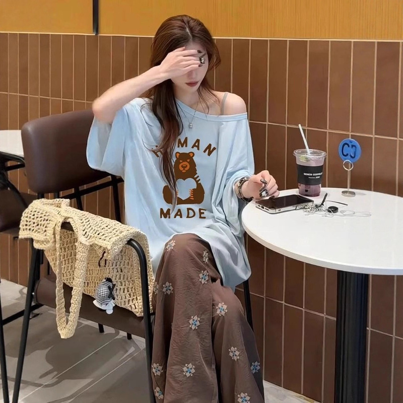 Ootd Casual Sportswear Suit for Women Summer Fashion Korean Style Thin Relaxed Slanted Shoulder Short-Sleeved Floor-Length Pants Two-Piece Set