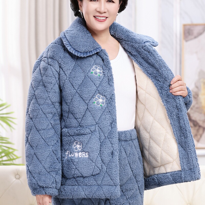 Middle-Aged and Elderly Pajamas Winter Three-Layer Quilted Coral Velvet Warm Autumn and Winter Women's Thickeneded Cotton Jacket Home Wear Set