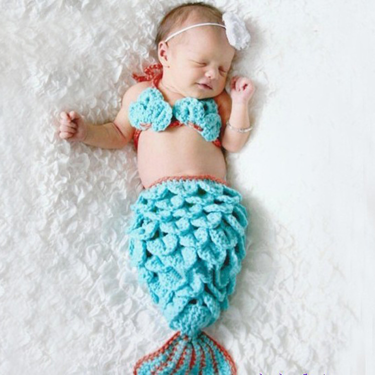 Children's Wool Knitted Hand-Knitted Photo Studio Photography Clothing Photo Props Newborn Baby Mermaid Two-Piece Suit