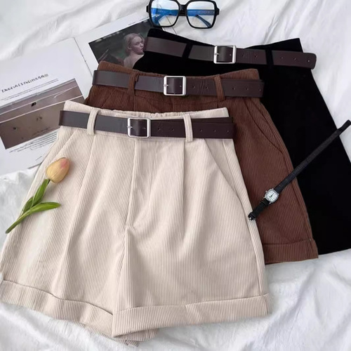 Retro Corduroy Short Pants for Women - Autumn/Winter High-Waisted Slim Straight Leg Pants with Boot Cut Design
