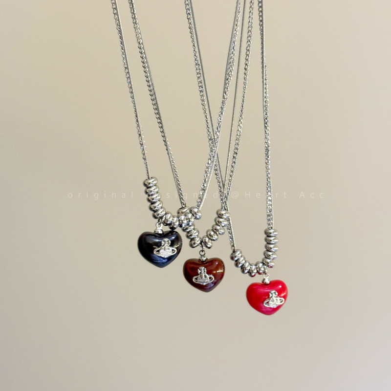 Empress Saturn Heart Beaded Necklace for Women Sweet Cool Trendy Layered Sweater Chain Unique Design Accessory