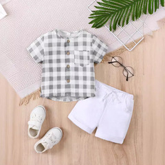 韓版嬰幼童套裝夏季男童短袖襯衫時尚休閒短袖格子襯衫兩件套