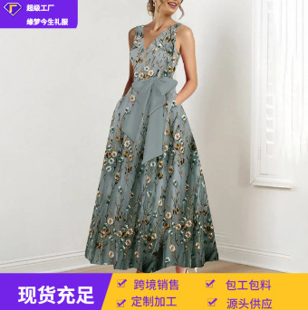 Evening Dress 2026 New Sexy Deep V Sleeveless Floral Dress Slim Fit Large Hem Skirt Prom Long Dress for Women