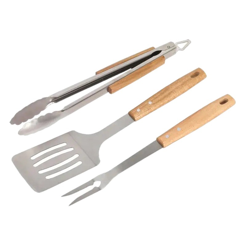 Amazon Hot sale acero inoxidable parrilla al aire libre herramientas de bebida salvaje conjunto de barbecue casero mango de madera parrilla conjunto de combinación