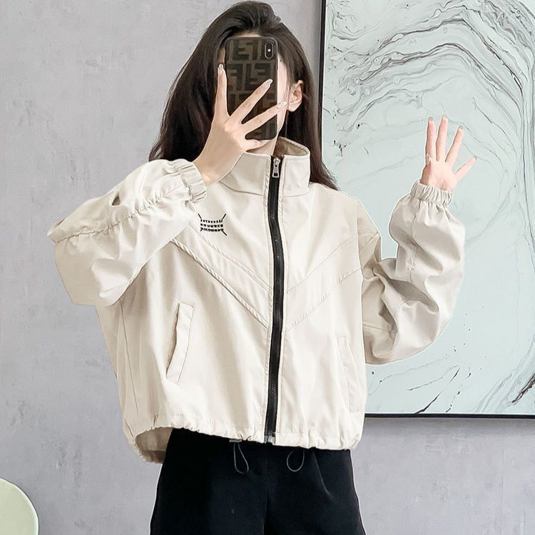 Áo khoác nữ dáng ngắn chiết eo cổ đứng khóa kéo phong cách casual — Màu lúa mì, Màu trắng ngà, màu đen