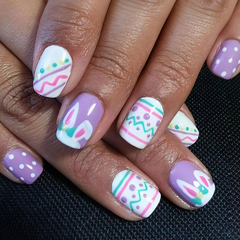 Easter Bunny Nail Art, Easter Egg Nail Art, Polka Dot Stripes, Bright Colors, Spring and Summer Fake Nails Easter Bunny Nail Art, Easter Egg Nail Art, Polka Dot Stripes, Bright Colors, Spring and Summer Fake Nails