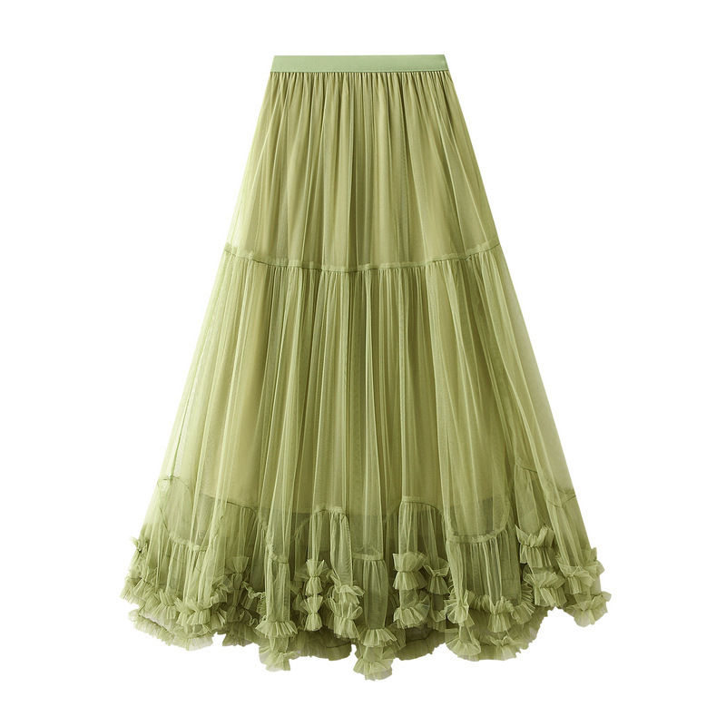 Fashionable Mesh Skirt with Oversized Hem Design, Waist-Cinching Pleats, Sweet Ruffled Edges, A-Line Puffy Skirt 4932
