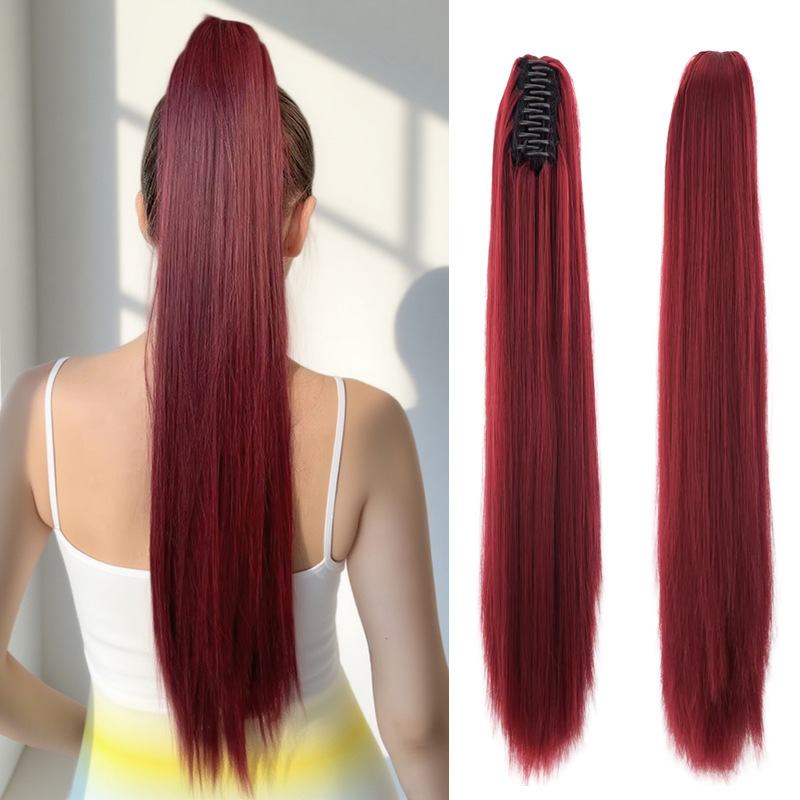 Cross-Border Hot-Selling Ponytail Wig in Stock Burgundy High Ponytail Chemical Fiber High Temperature Silk Long Straight Hair Braids Wholesale Cross-Border Hot-Selling Ponytail Wig in Stock Burgundy High Ponytail Chemical Fiber High Temperature Silk Long Straight Hair Braids Wholesale