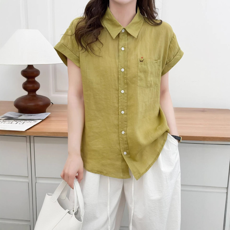 26-Year Spring and Summer Short-Sleeve Embroidered Ramie Shirt, Loose Casual Top, Skin-Friendly Thin Shirt, New Style