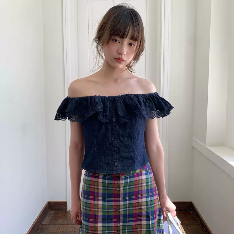 Interpretation of beauty NEWOPEN 25 summer French denim shirt with lace stitching backless one-shoulder top for women S5655