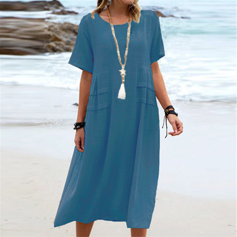 Robe d'été décontractée pour femme, coupe ample, col rond, manches courtes, longueur mi-longue, en coton et lin, couleur unie_voghion.com
