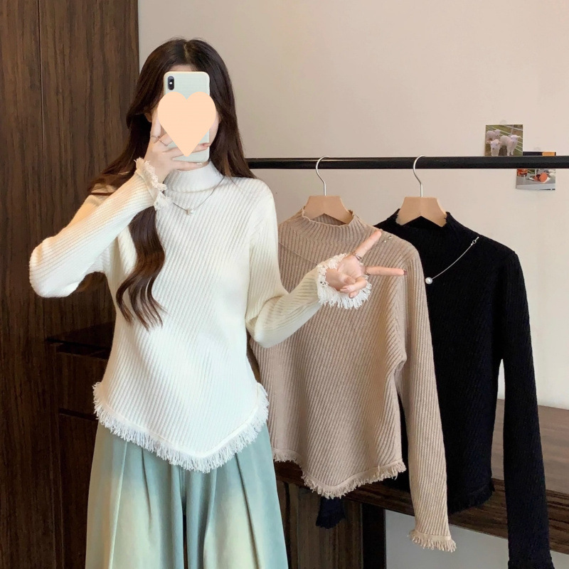 2025 autumn and winter new style thickened half-high neck tassel sweater knitted sweater women irregular base shirt top