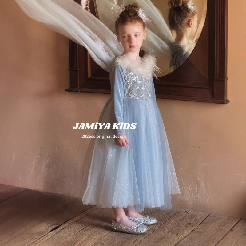 Jamiya女童公主裙2025秋冬儿童冰雪羽毛连衣裙女孩生日演出裙礼服|undefined