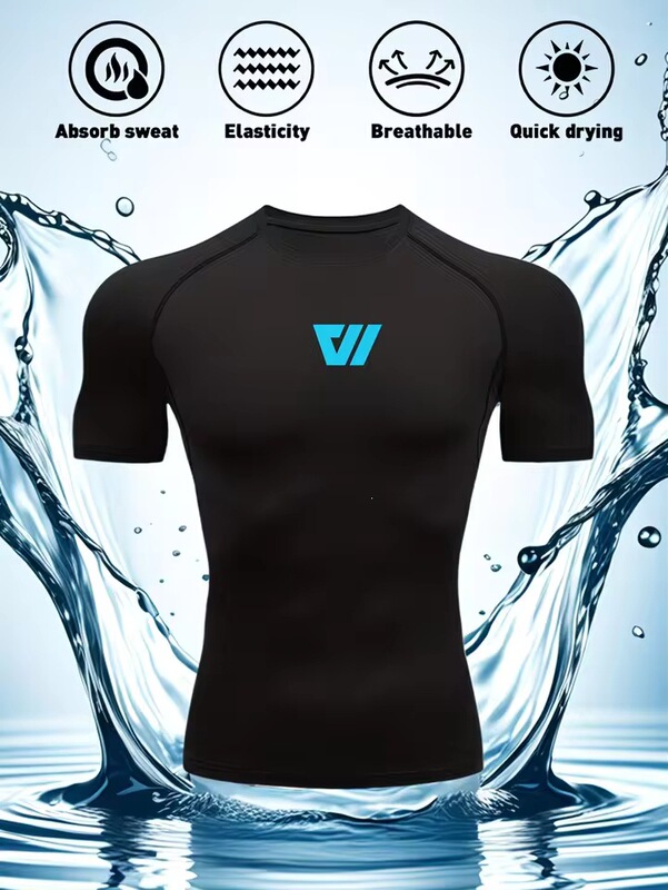 Men's quick-drying compression sports shirt, made with highly elastic fabric that wicks away moisture and sweat, suitable for running, cycling, and swimming