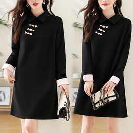 新品感新中式盘扣卫衣裙女春季新款大码女装中长款宽松遮肉连衣裙