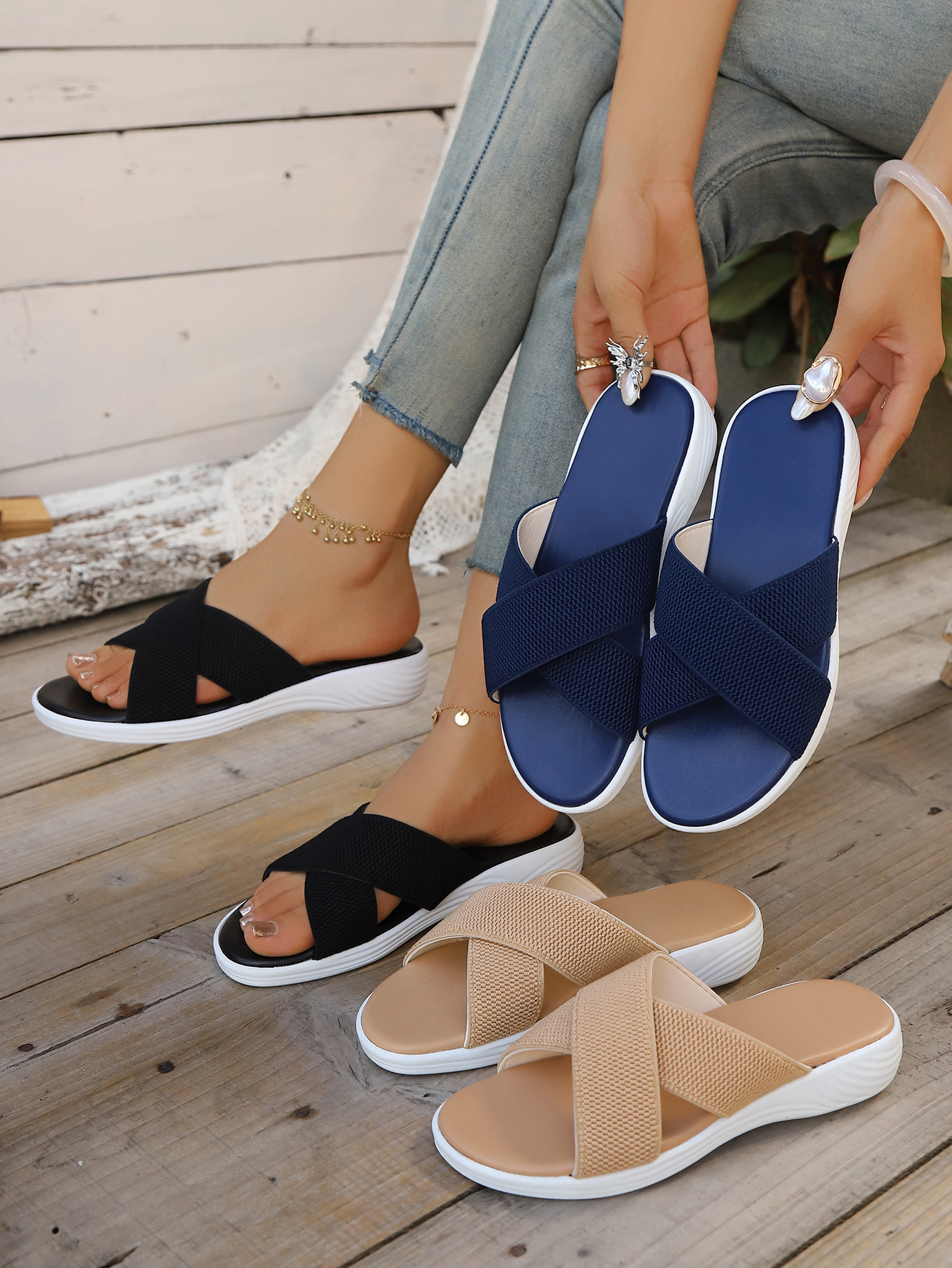 Women's Wedge Sandals Cross Strap Summer Casual Beach Slippers_voghion.com