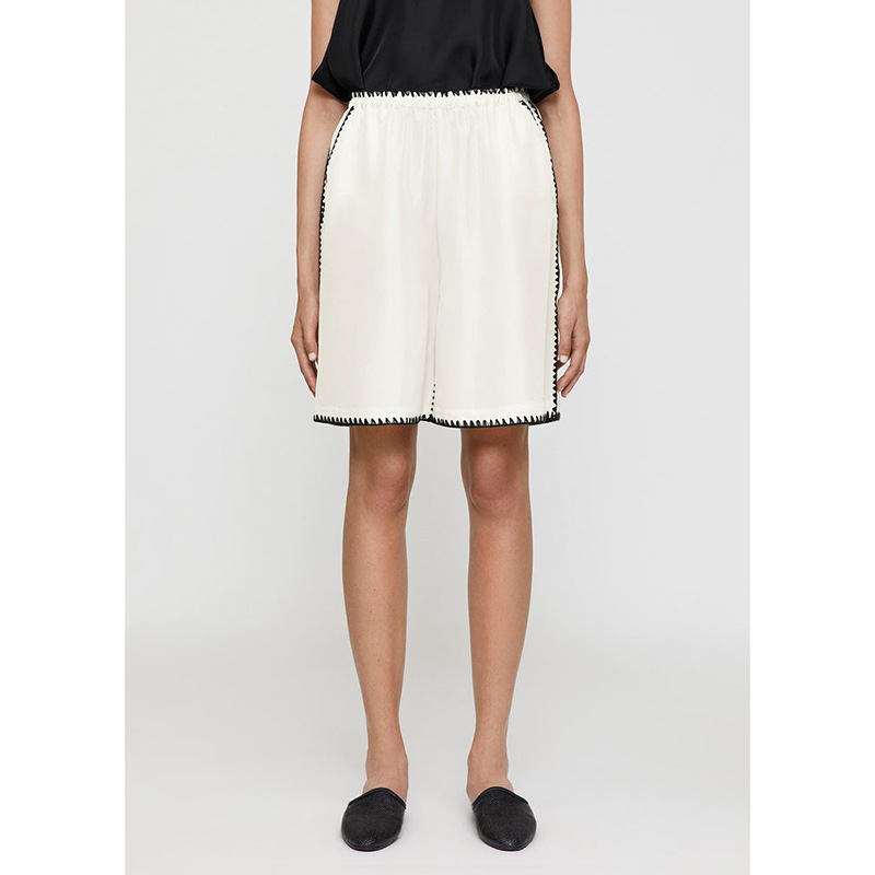 Tot **high waist five-point pants women's elastic waist straight crochet hemming pants niche designer summer New