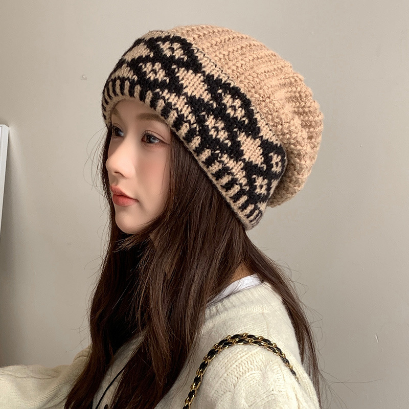 复古菱格针织毛线帽子女冬韩版大头围保暖堆堆帽防寒显脸小冷帽潮|undefined