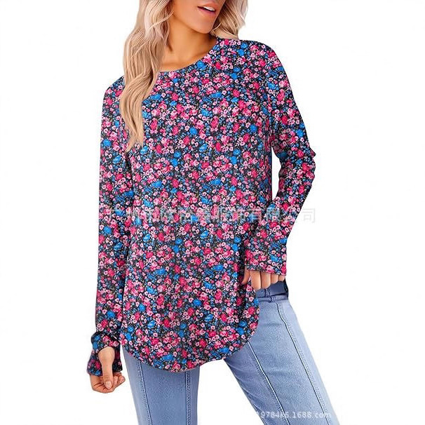 European and American Independent Station Amazon 2025 New Autumn and Winter Women's Long-Sleeved Casual Printed Round Neck Thumb Hole T-Shirt