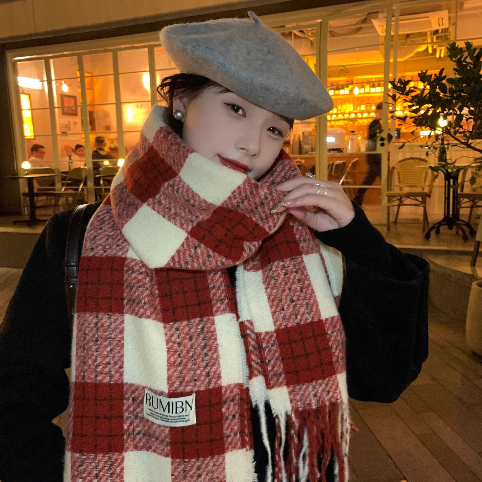 Red Checkered Scarf For Women Warm Winter Autumn Accessory_voghion.com