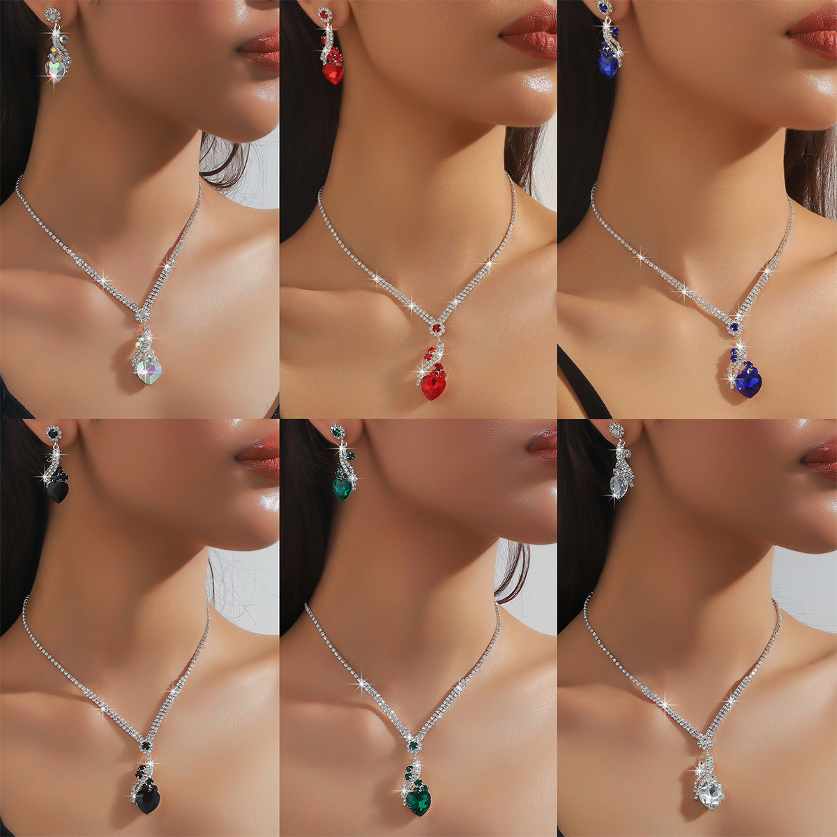 欧美热销炫彩色蓝绿红黑色水滴几何水晶项链耳环两件套套装首饰女