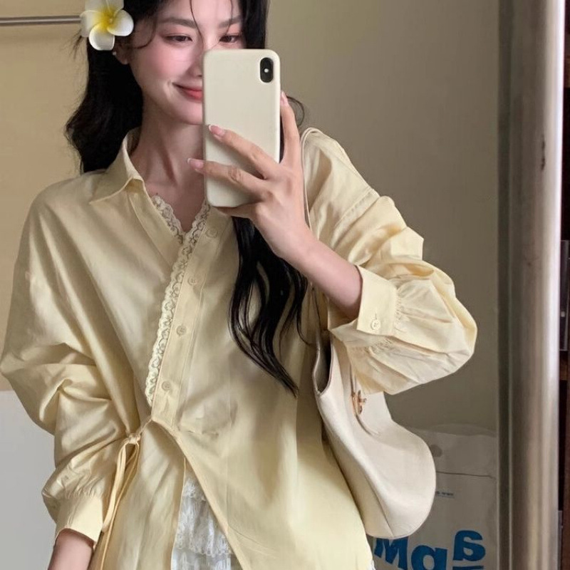 Yellow Lace Collar Stitching Long-sleeved Shirt Women's Spring French Style Oblique Lace-up Waist Irregular Gentle Top
