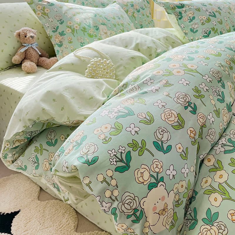 Cuatro piezas de algodón de dibujos animados 100 algodón 2023 nueva sábanas cubiertas dormitorio de estudiantes cama de tres piezas