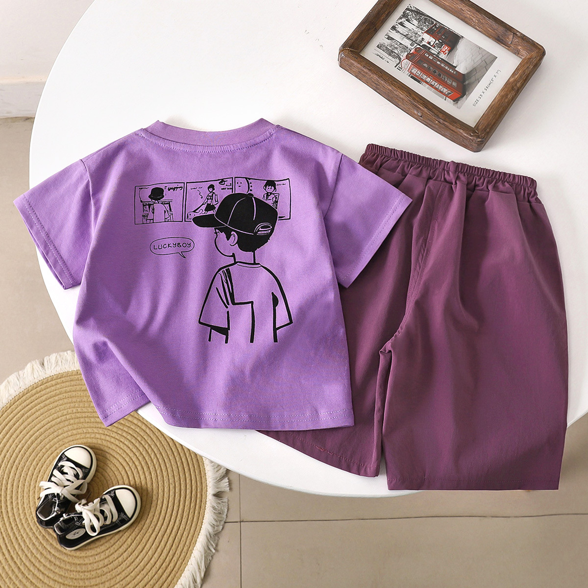 Children's Summer New Boys' Short-Sleeved Suit Loose T-Shirt Tops Anime Print Fashion Trendy Baby Kidsren's Clothing