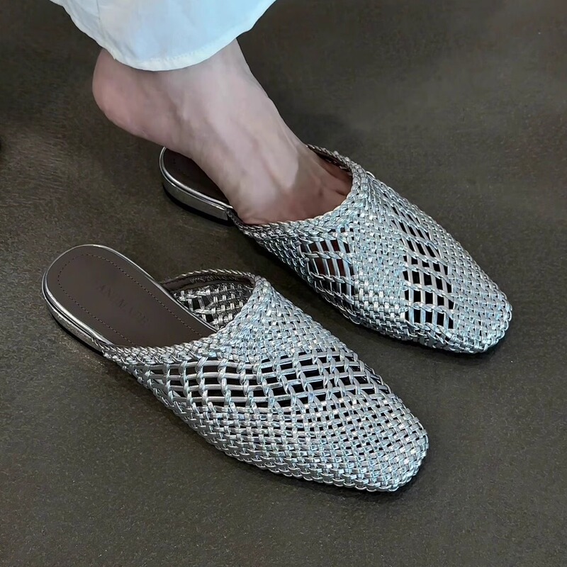 [in Stock] Silver Braided Soft Sole Closed-Toe Slippers for Women, Square Toe Flat Hollow Out Outdoor Lazy Summer Mules