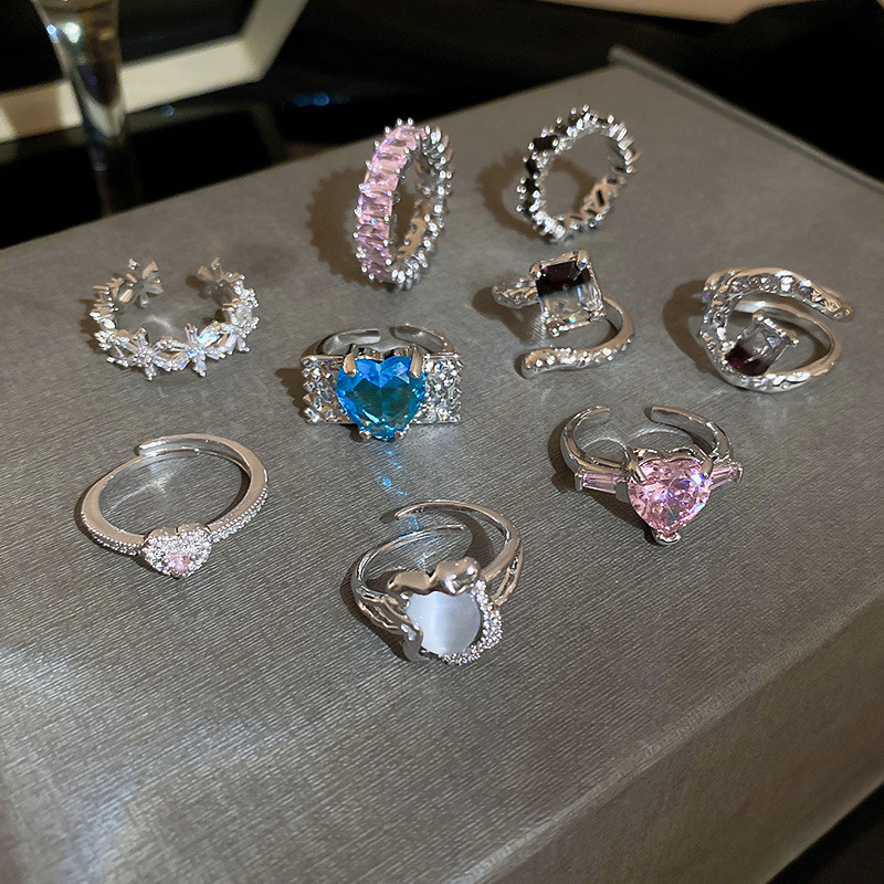 INS Style Heart Shape Copper Inlay Zircon Rings 1 Piece