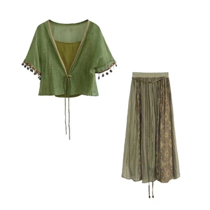 파인그린 탑+멜빵+스커트 9633