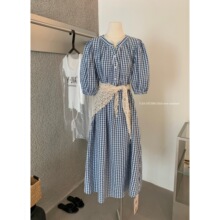 Y.JIA伊嘉十三行夏季蓝色格子裙学院风仙女裙连衣裙女配屁帘2223