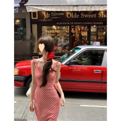 2025新款甜美法式红色格子吊带连衣裙子女度假风鱼尾连衣裙
