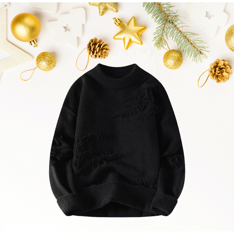 Men's Sweater Autumn and Winter Fashionable Round Neck Knitted Sweater Men's Winter Ripped Color Contrast Long Sleeve Knitted Sweater