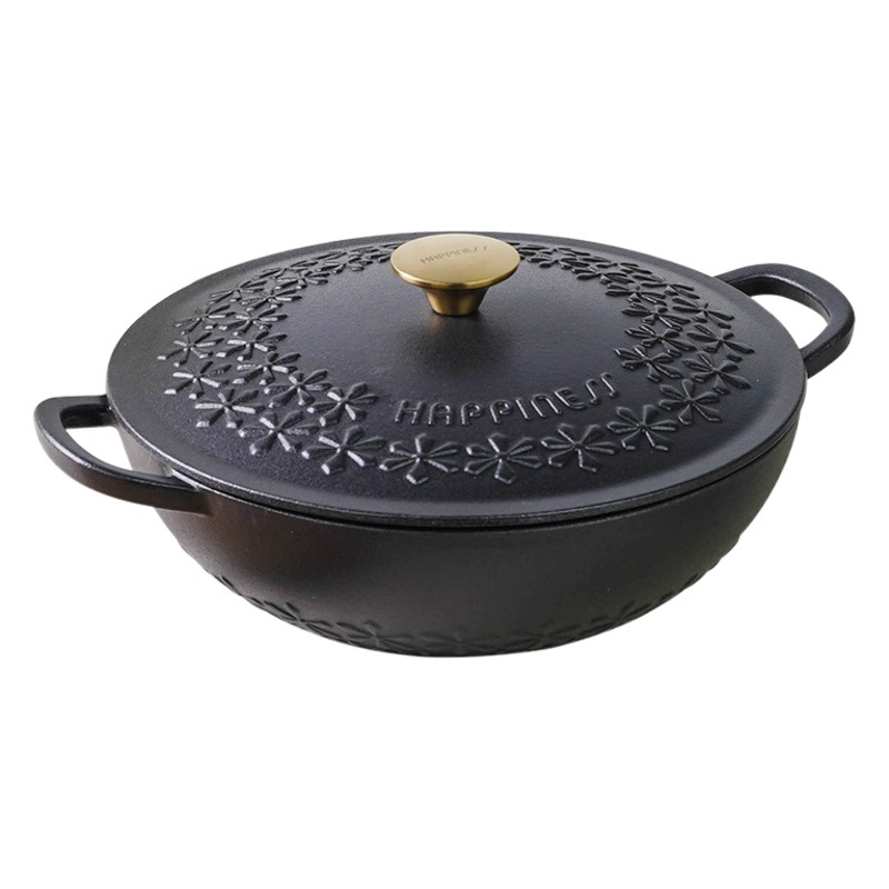 Pequeña felicidad 28cm hierro fundido en relieve girasol hogar estofado olla sin recubrimiento sopa olla antiadherente WOK