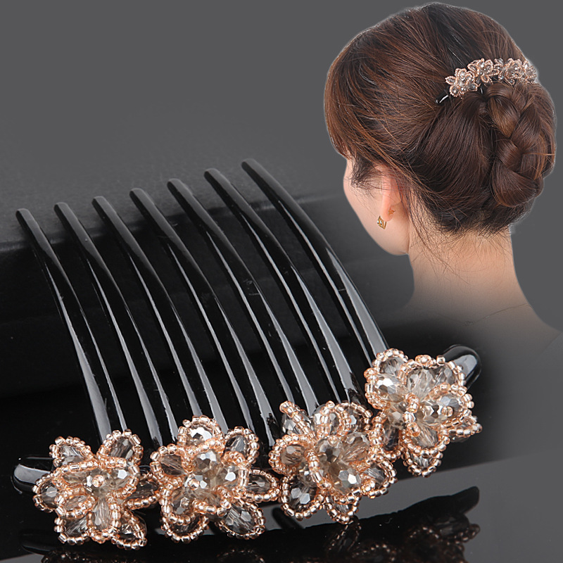 Chic Flower Hair Comb, Korean Style, Water Diamond Handmade Bead Braided Hair Accessory, Hairpin for Rear Head, Hair Ornaments