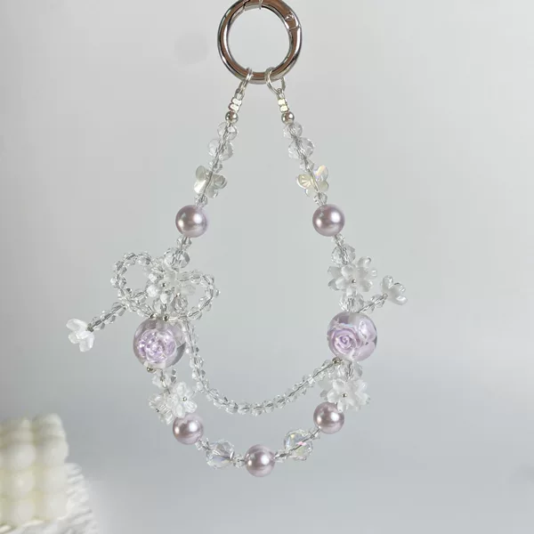 Crystal phone chain with luminous flower beads, sweet handmade beaded chain, phone case pendant, hand-held chain, short wrist strap