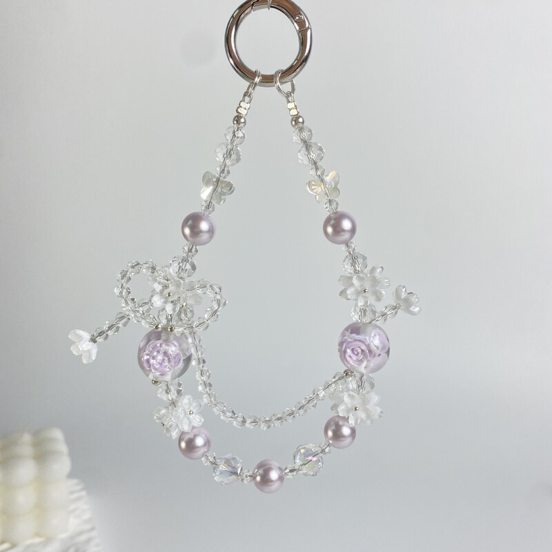 Crystal phone chain with luminous flower beads, sweet handmade beaded chain, phone case pendant, hand-held chain, short wrist strap